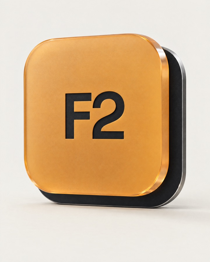 F2 keycap with the colors swapped: frosted amber glass in front with black letters, black aluminium behind, on a bone surface