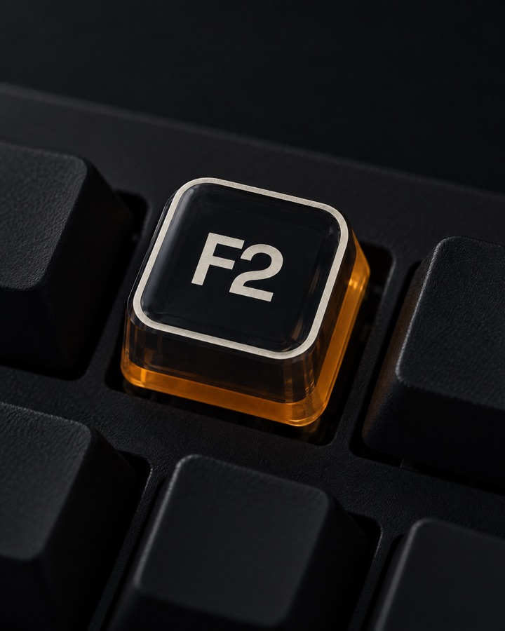 The F2 mark built as a smoked-glass keycap on an amber glass base, in a row of blank black keys